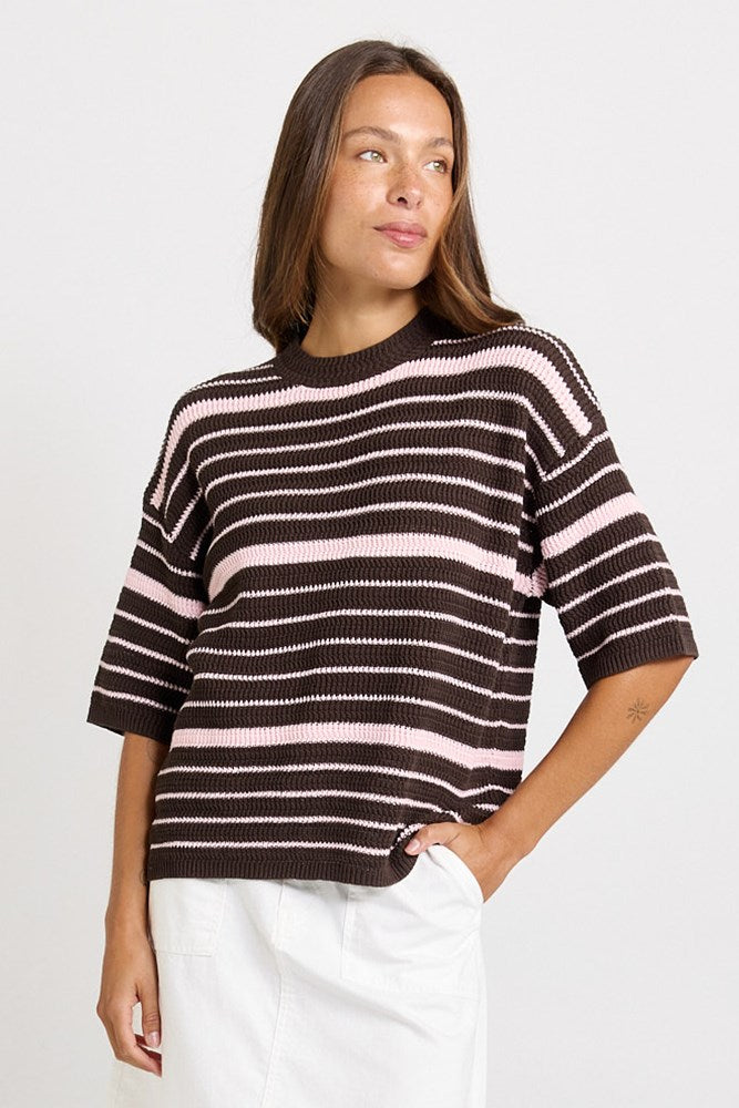 Betty Basics Dylan Knit Tee, Chocolate/Pink Stripe