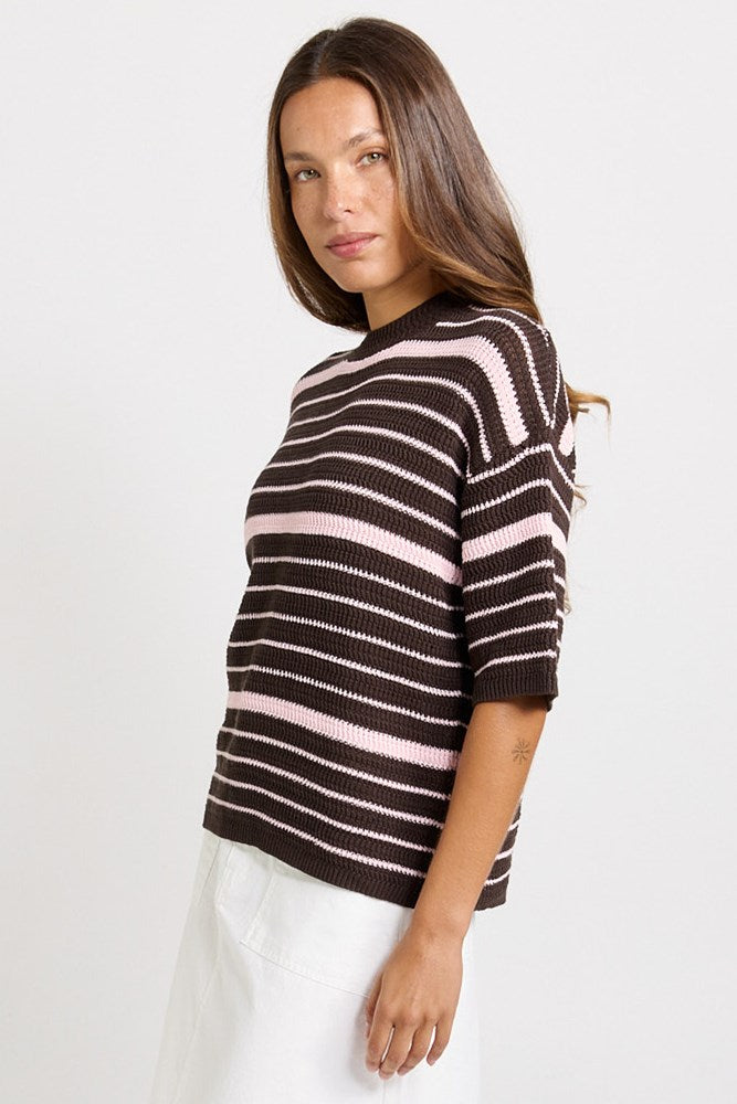 Betty Basics Dylan Knit Tee, Chocolate/Pink Stripe