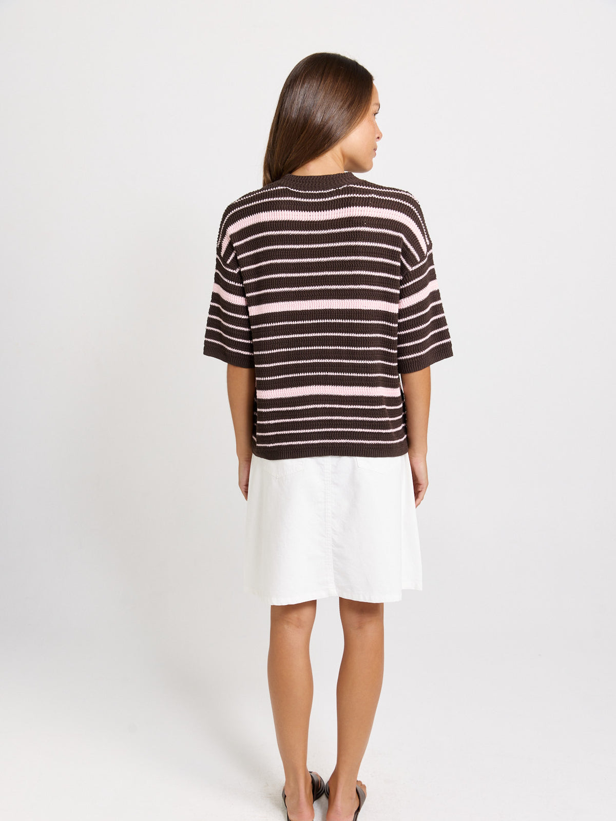Betty Basics Dylan Knit Tee, Chocolate/Pink Stripe
