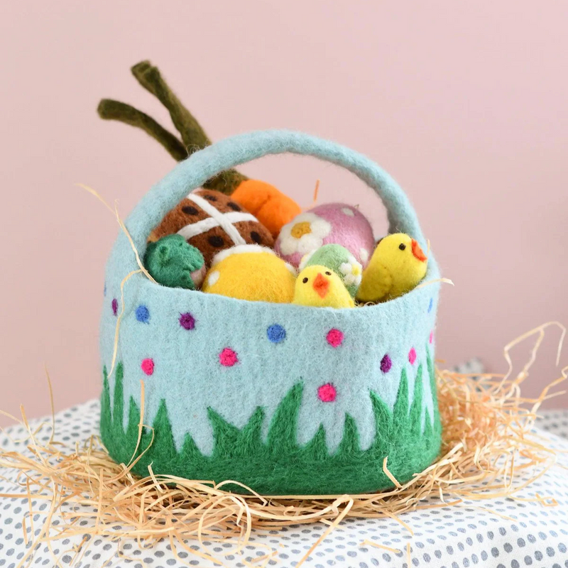 Felt Blue Basket with Colourful Dots