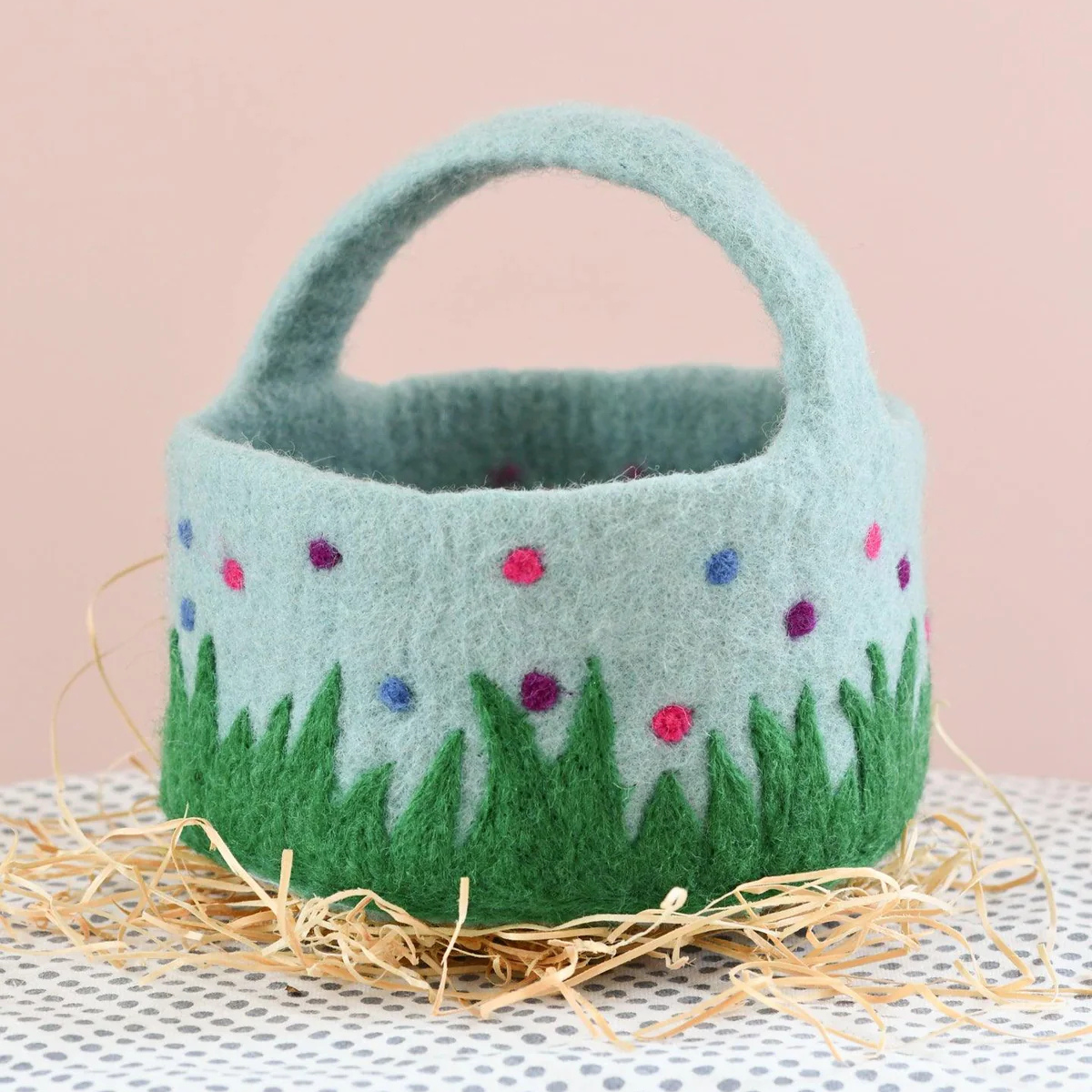 Felt Blue Basket with Colourful Dots