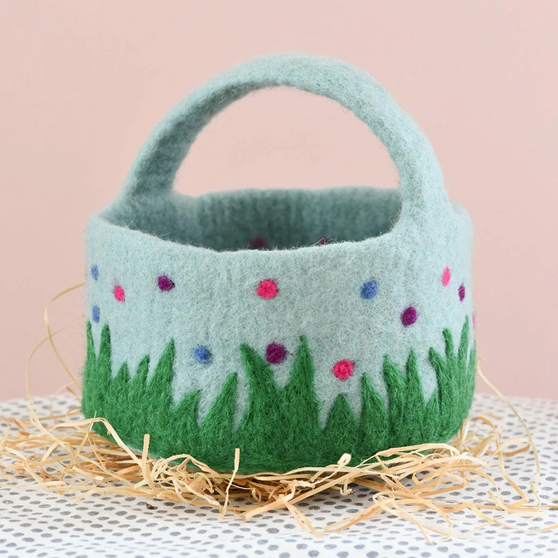 Felt Blue Basket with Colourful Dots