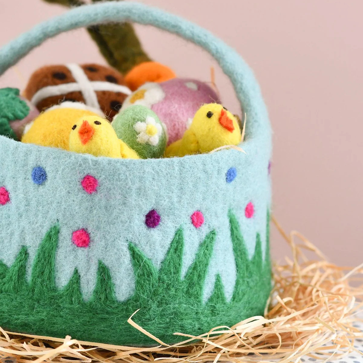 Felt Blue Basket with Colourful Dots