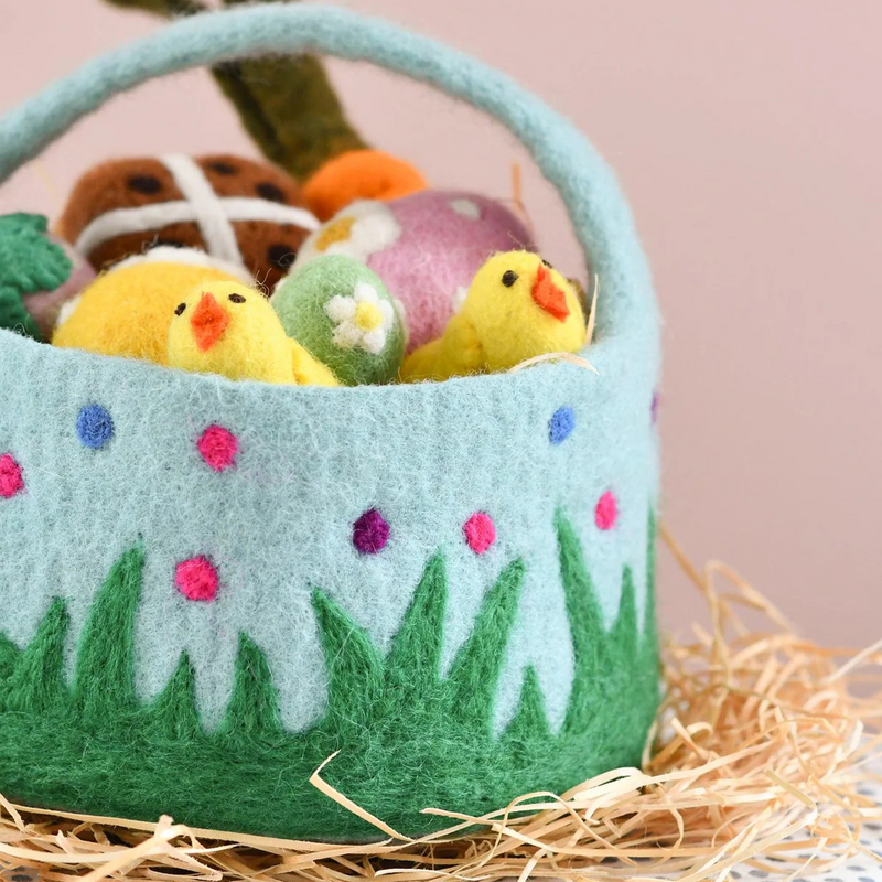 Felt Blue Basket with Colourful Dots