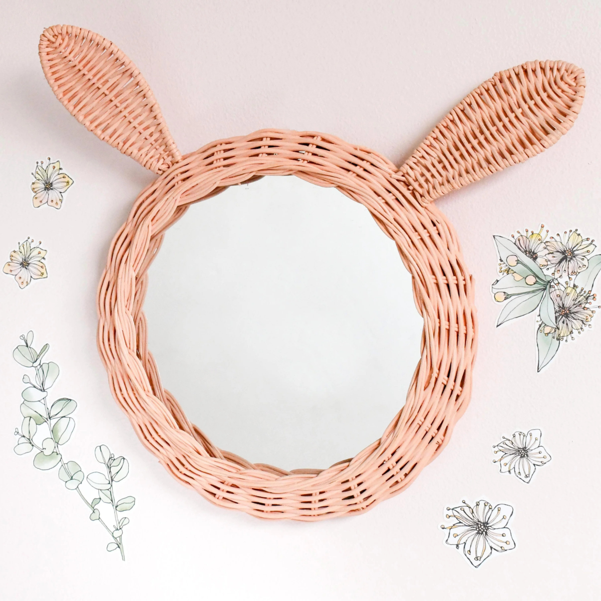 Rattan Bunny Mirror - Blush Pink