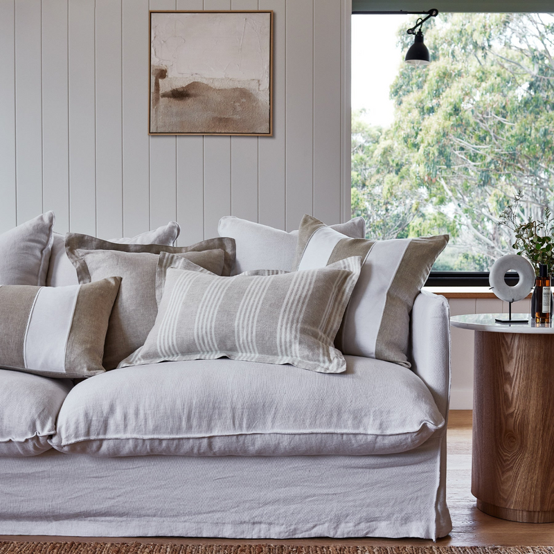 Riley White/Linen Patch Lumbar Cushion