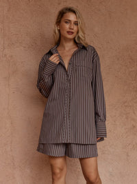 Sass Clothing Marty Piped Stripe Shirt, Choc Stripe