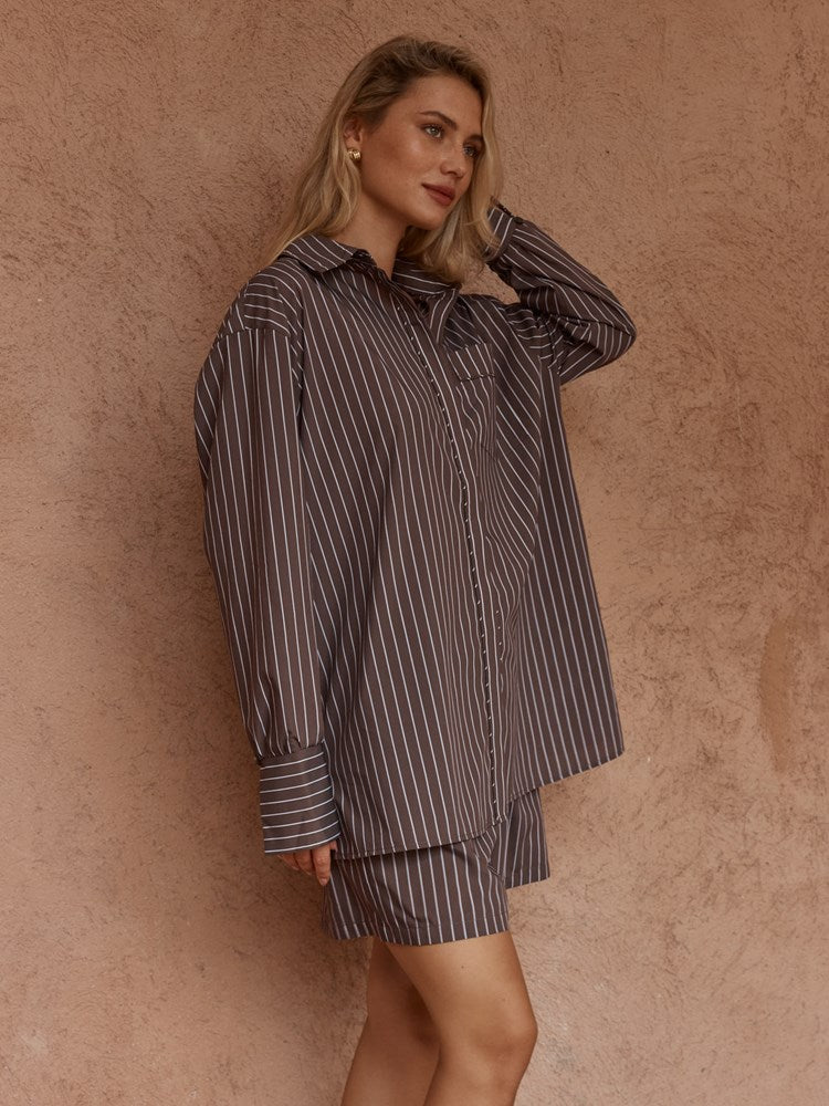 Sass Clothing Marty Piped Stripe Shirt, Choc Stripe