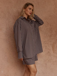 Sass Clothing Marty Piped Stripe Shirt, Choc Stripe