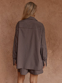Sass Clothing Marty Piped Stripe Shirt, Choc Stripe