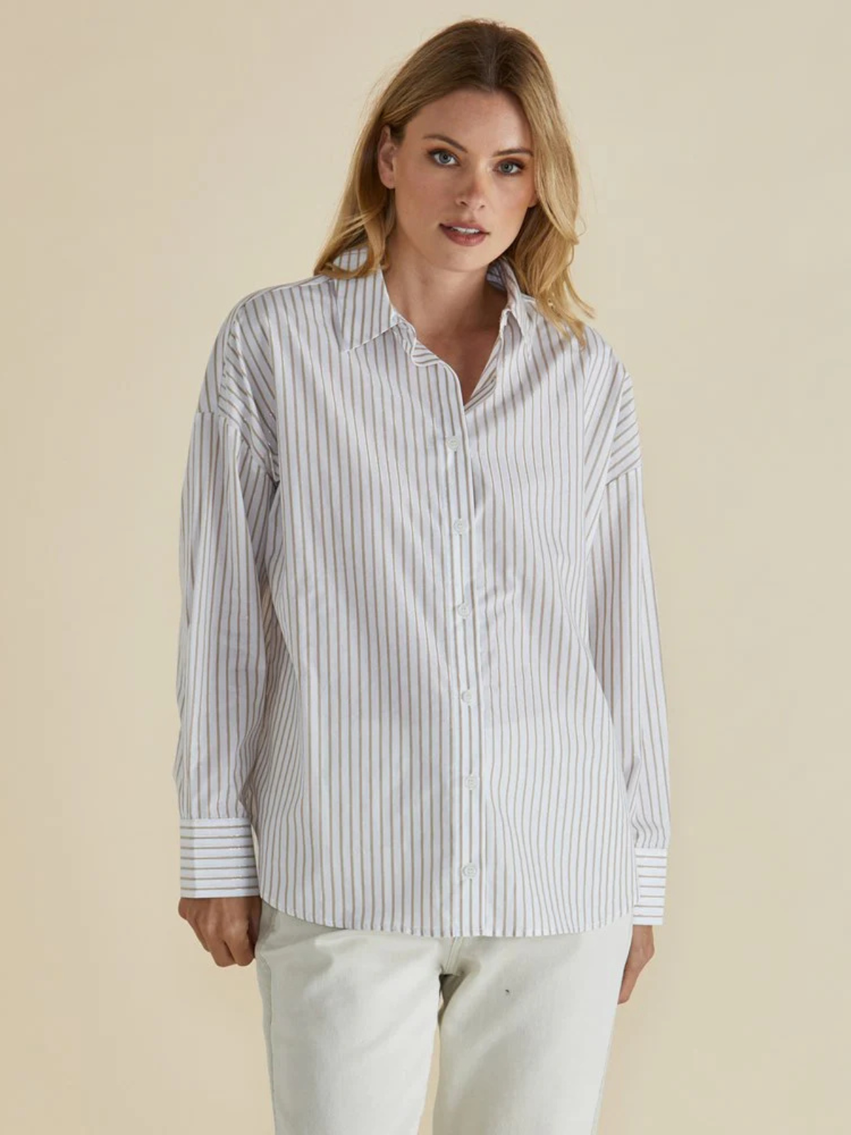 Artemis Shirt - Beige Lurex Stripe - Betty Basics - Image 1