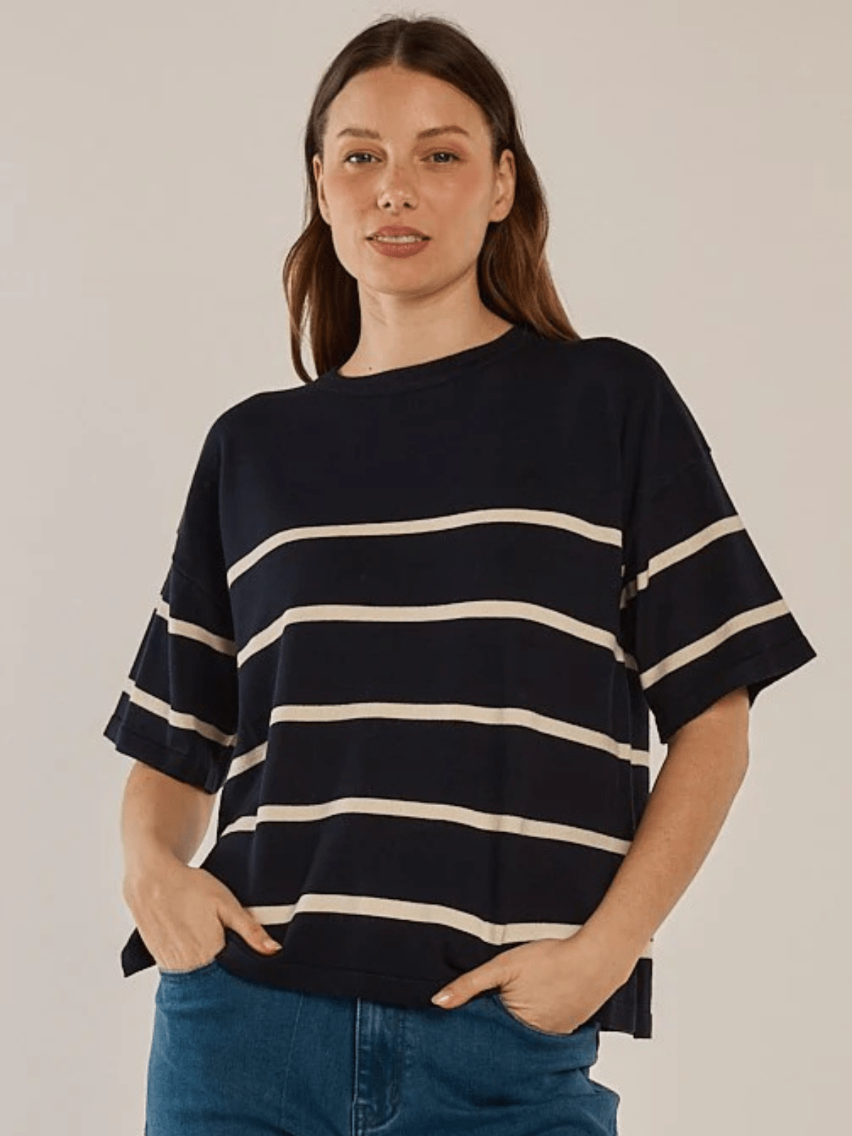 Betty BasicsBailey Boxy Top - Navy/Cream