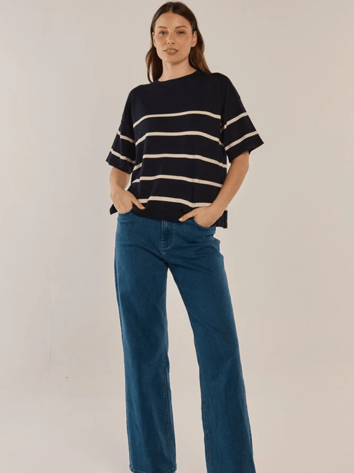 Betty BasicsBailey Boxy Top - Navy/Cream