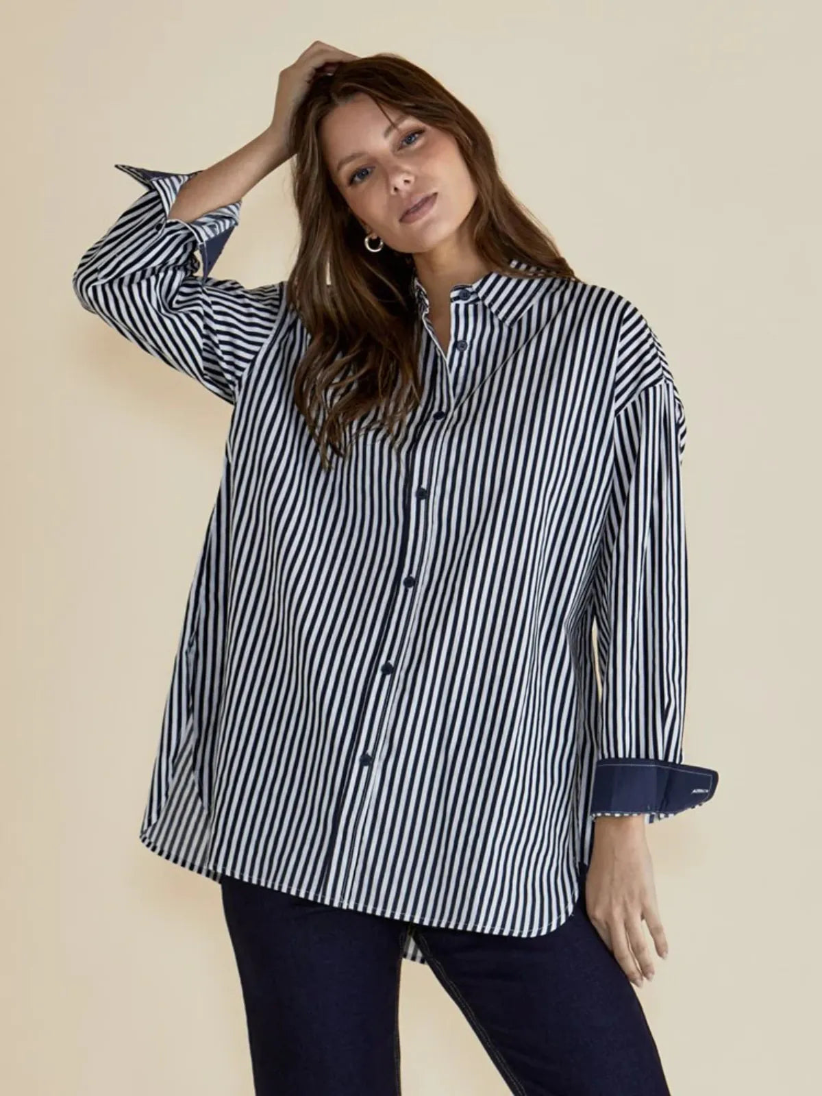 Claire Classic Shirt - Navy Stripe - Betty Basics - Image 1