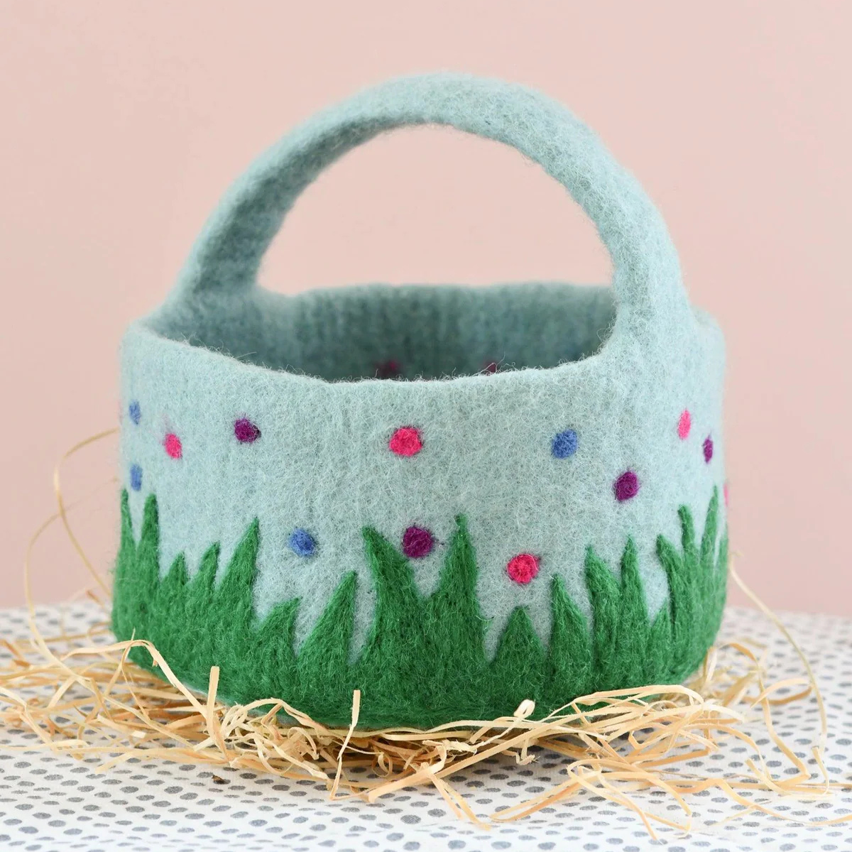 Felt Blue Basket with Colourful Dots - Tara Treasures - Image 1
