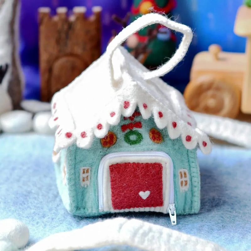 Felt Blue Gingerbread House Bag - Tara Treasures - Image 1