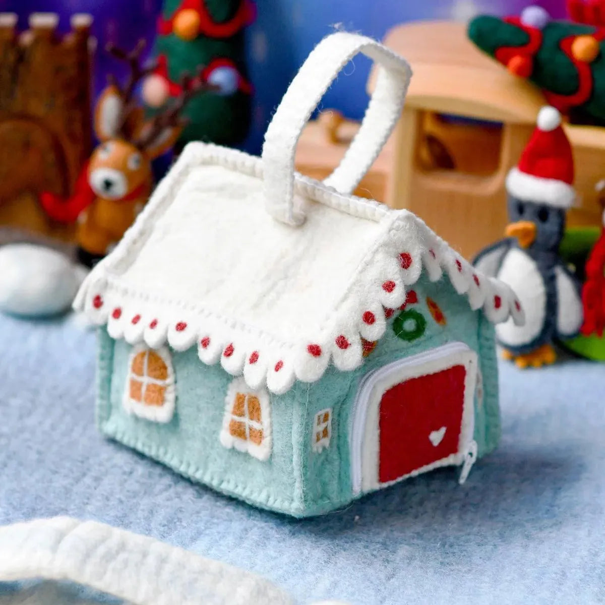 Felt Blue Gingerbread House Bag - Tara Treasures - Image 2