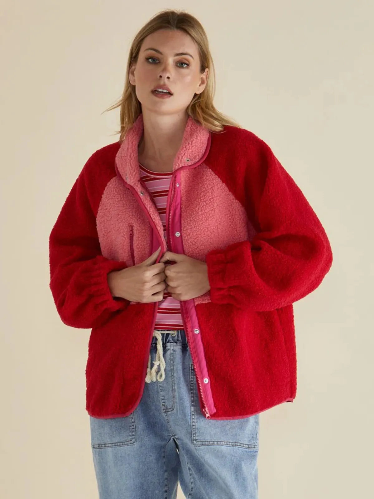 Franklin Fleecy Jacket - Pink/Red - Betty Basics - Image 1