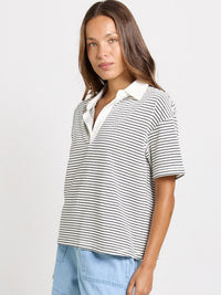 Betty Basics Freddy Polo Top, White/Navy Stripe