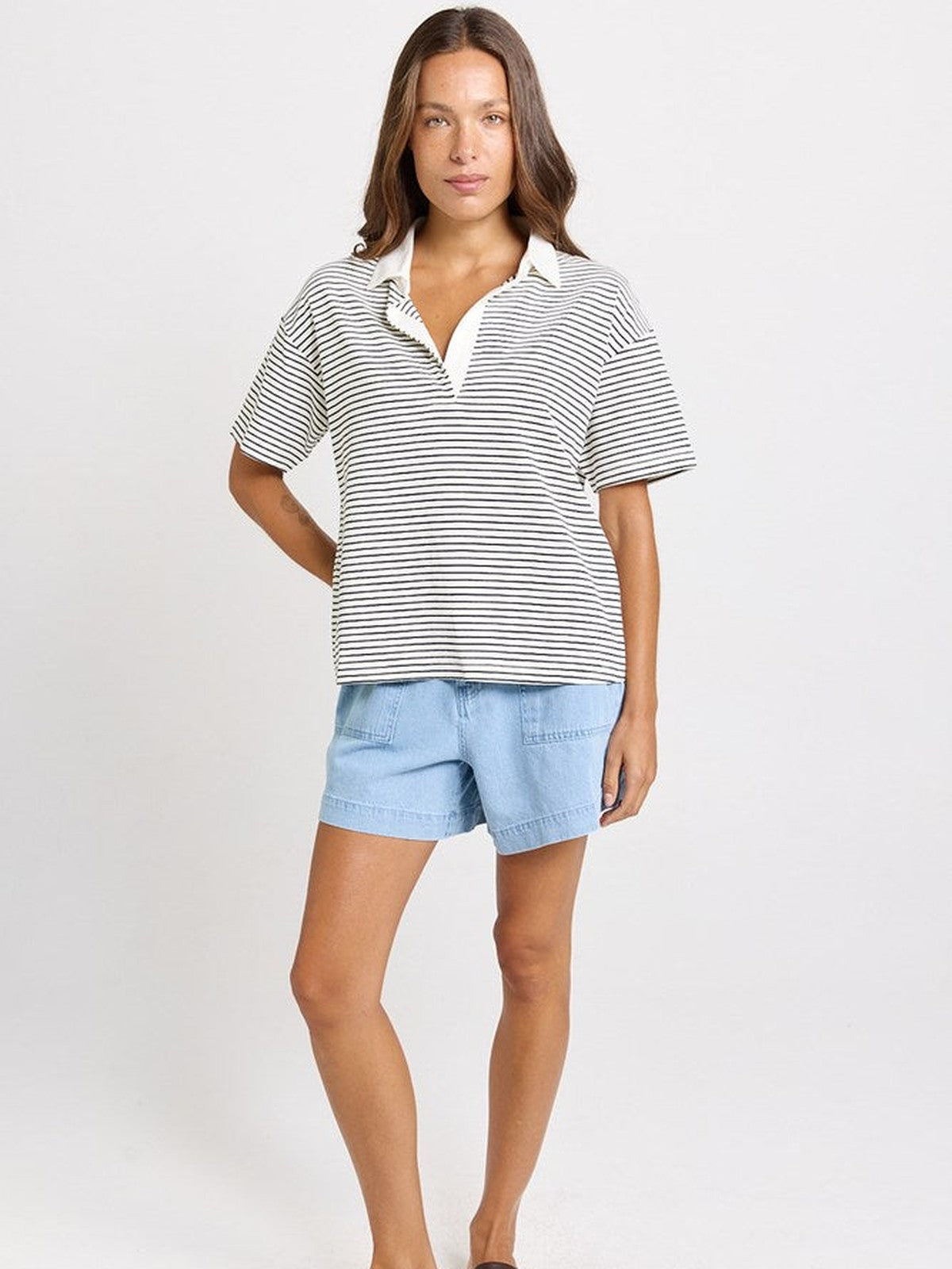 Betty Basics Freddy Polo Top, White/Navy Stripe