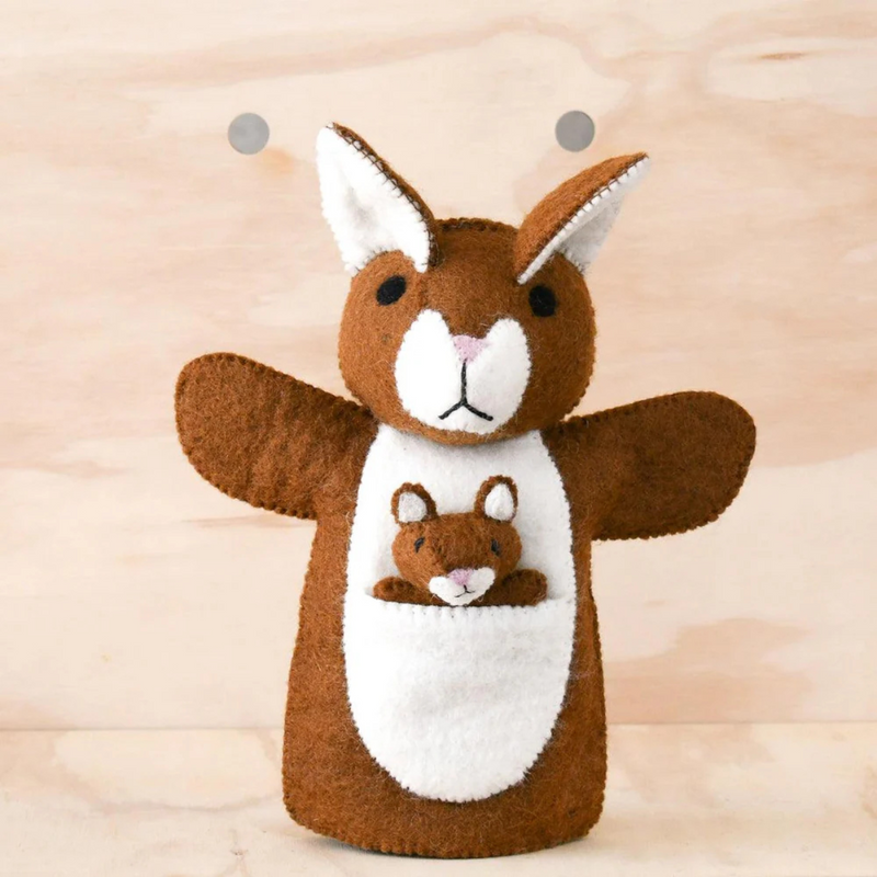 Hand Puppet - Brown Kangaroo with Joey - Tara Treasures - Image 1