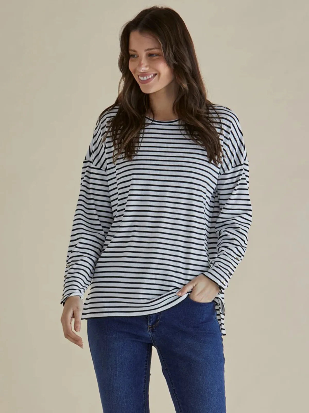Hendrix Ribbed Long Sleeve Tee - Stripe - Betty Basics - Image 1