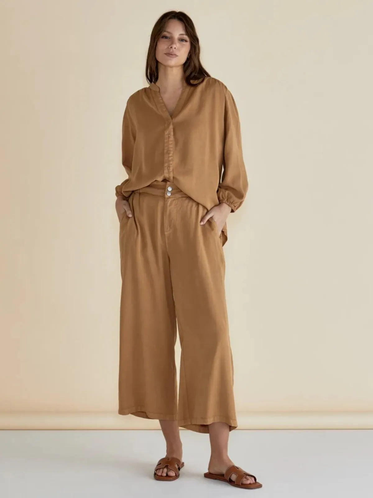 London Lyocell Blouse - Tan - Betty Basics - Image 1