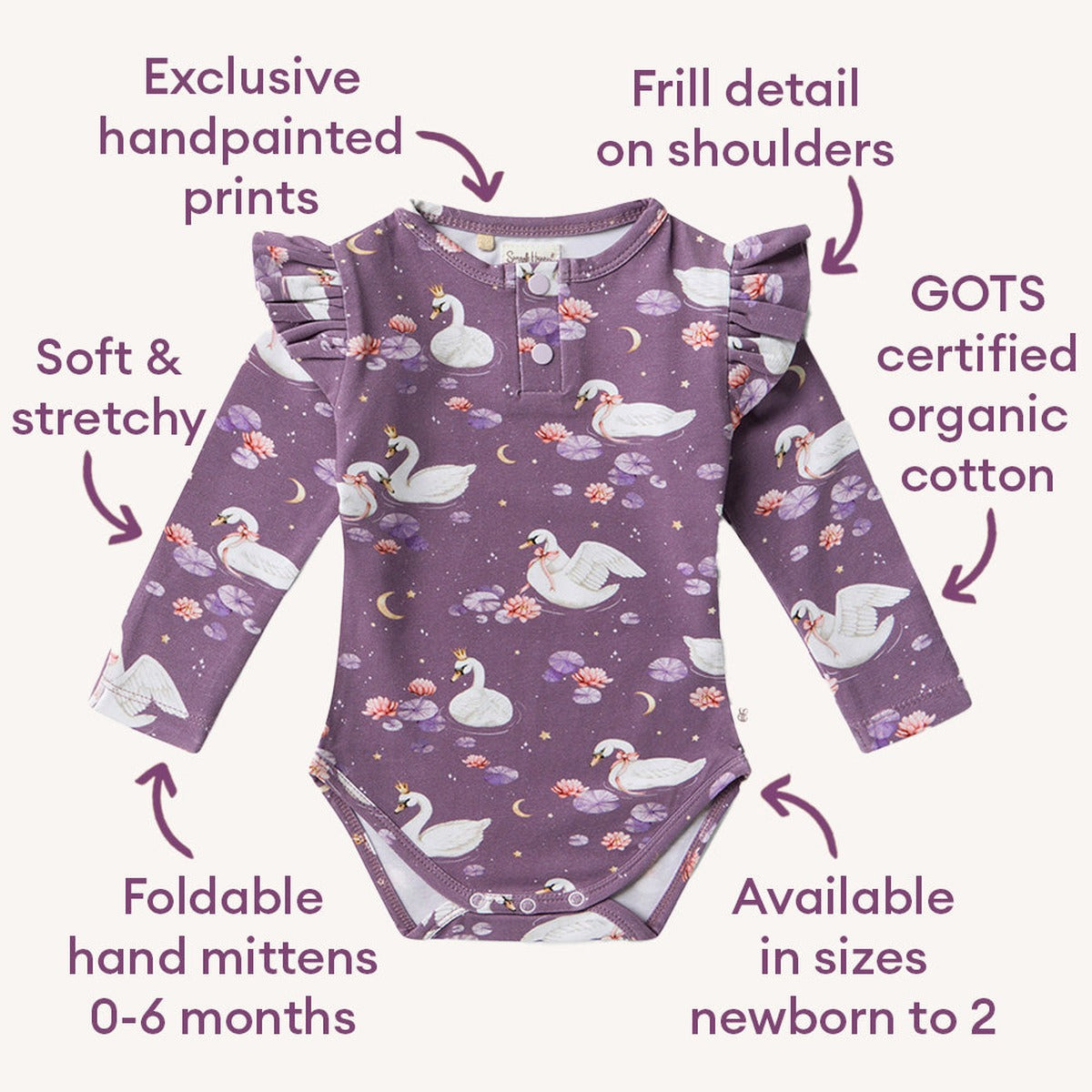Midnight Swan Long Sleeve Organic Bodysuit with Frill