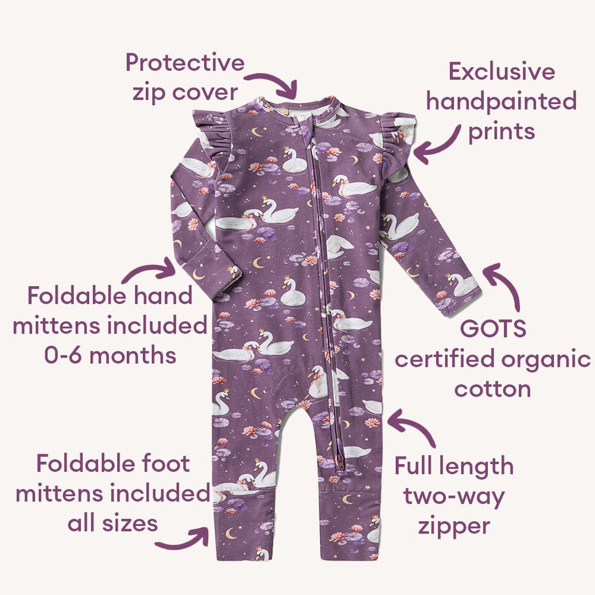 Midnight Swan Organic Snugglesuit Convertible Romper with Frill