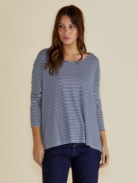 Milan 3/4 Sleeve Top - Navy Blue/White Stripe
