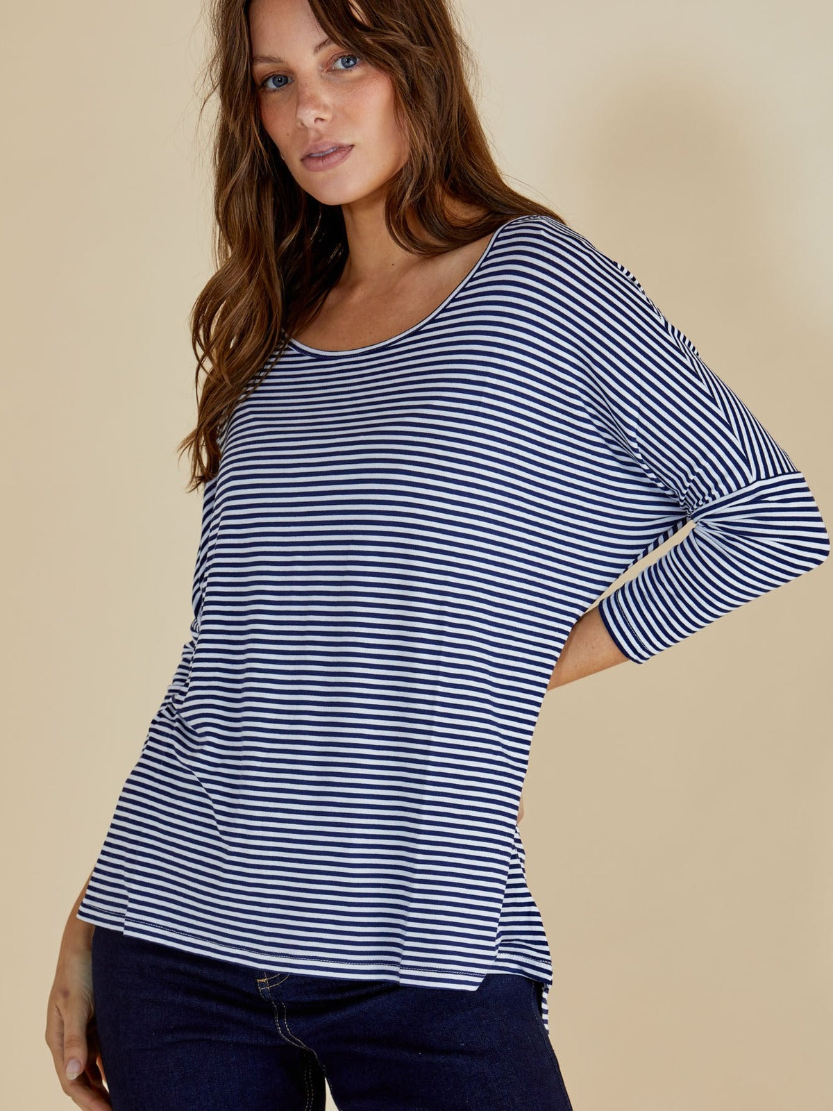 Milan 3/4 Sleeve Top - Navy Blue/White Stripe
