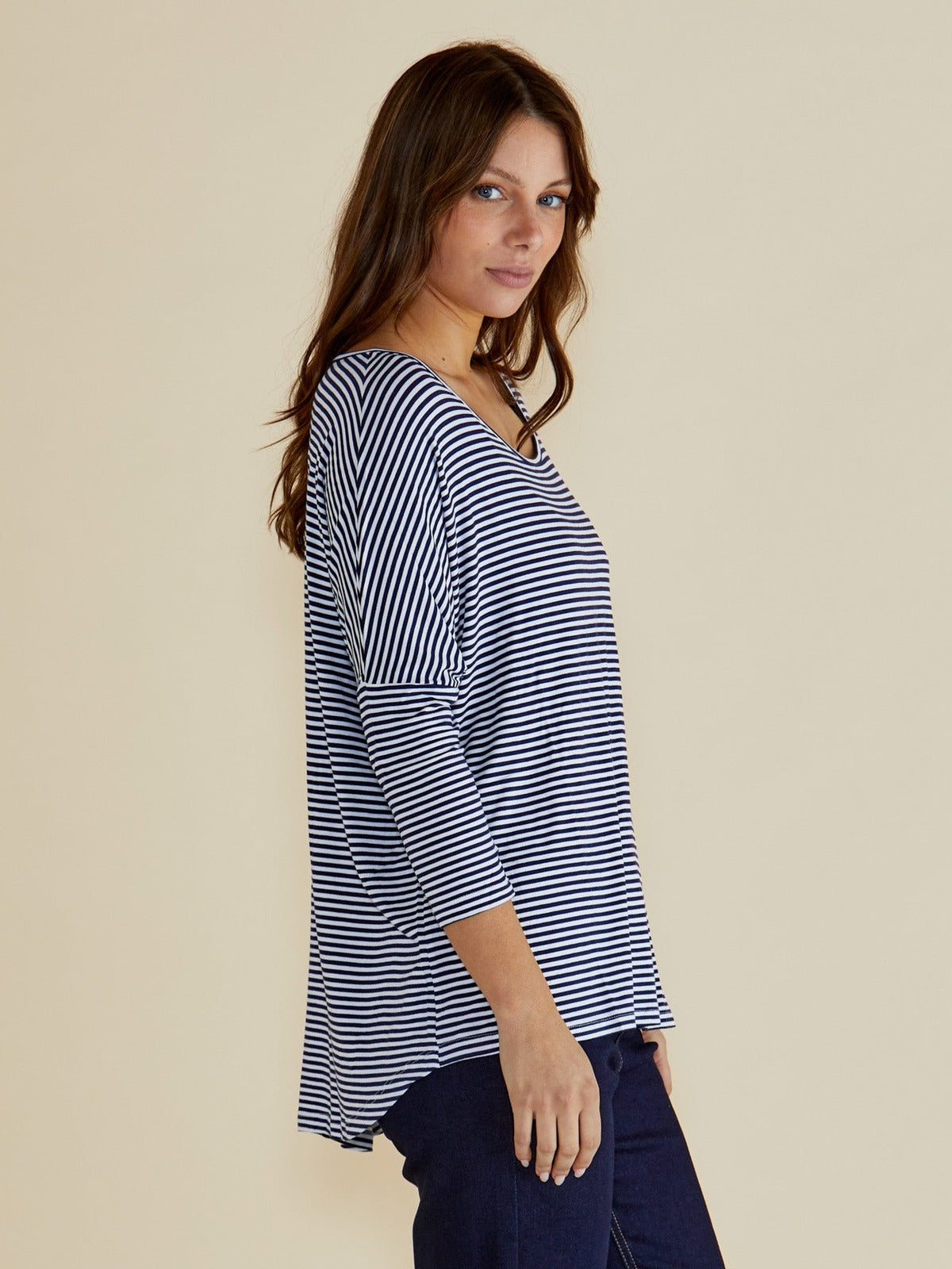 Milan 3/4 Sleeve Top - Navy Blue/White Stripe