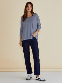 Milan 3/4 Sleeve Top - Navy Blue/White Stripe