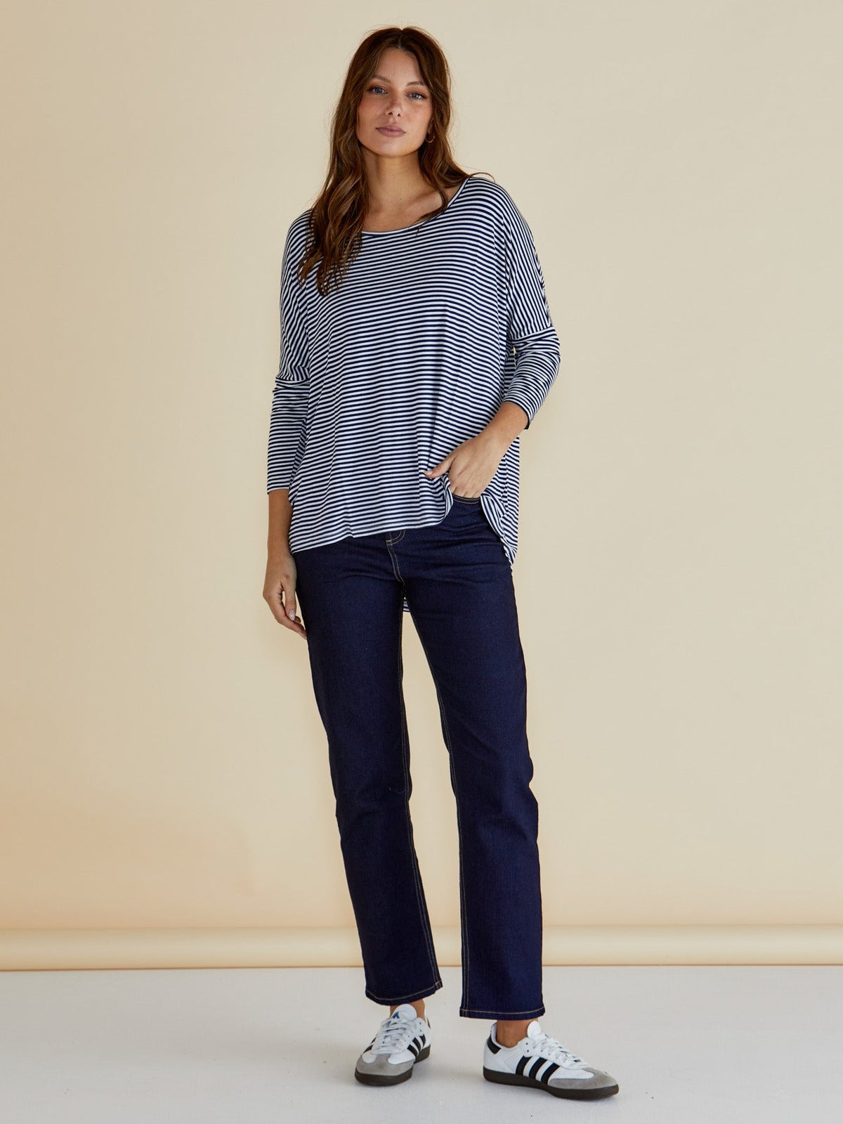 Milan 3/4 Sleeve Top - Navy Blue/White Stripe