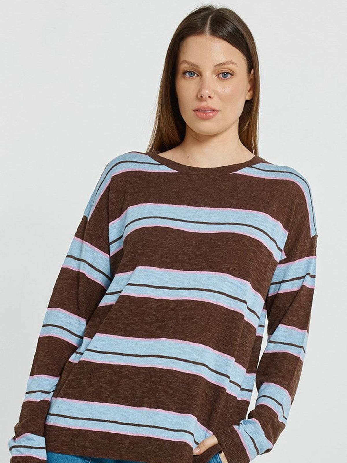 Natasha Knit Top - Chocolate/Blue/Pink Stripe