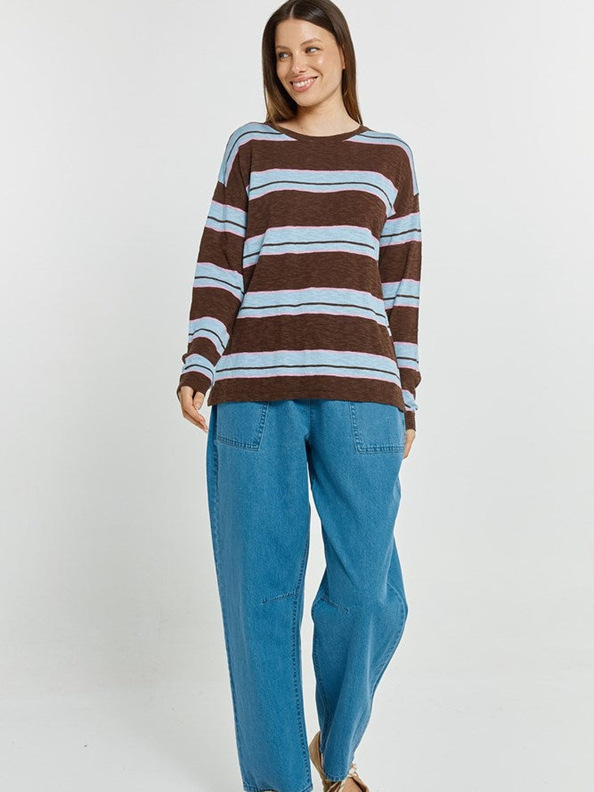 Natasha Knit Top - Chocolate/Blue/Pink Stripe