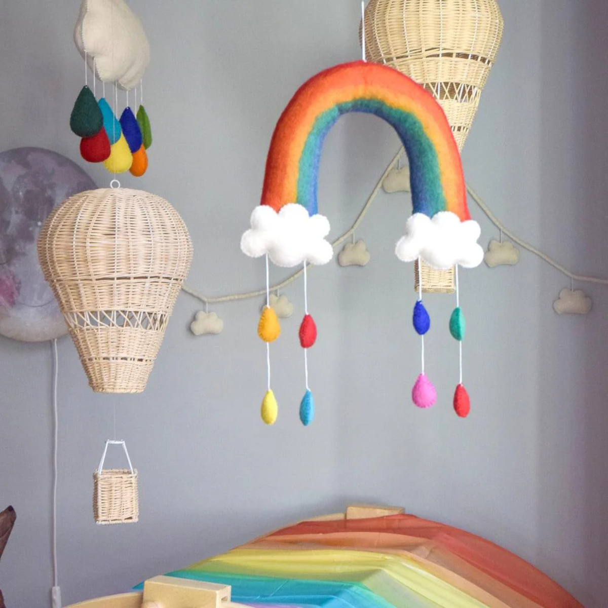 Nursery Mobile - Rainbow With Raindrops - Tara Treasures - Image 1