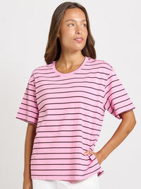 Betty Basics Relax Boxy Tee, Pink/Chocolate Stripe