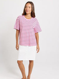 Betty Basics Relax Boxy Tee, Pink/Chocolate Stripe