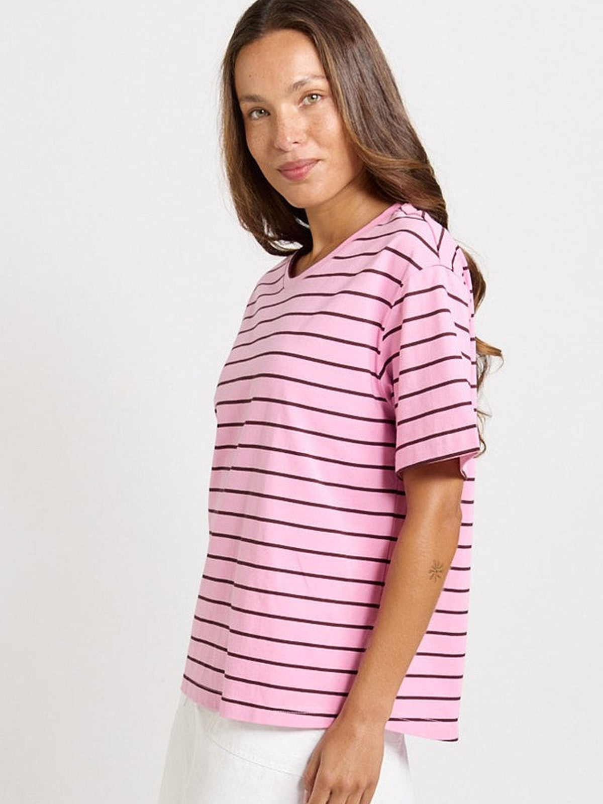 Betty Basics Relax Boxy Tee, Pink/Chocolate Stripe