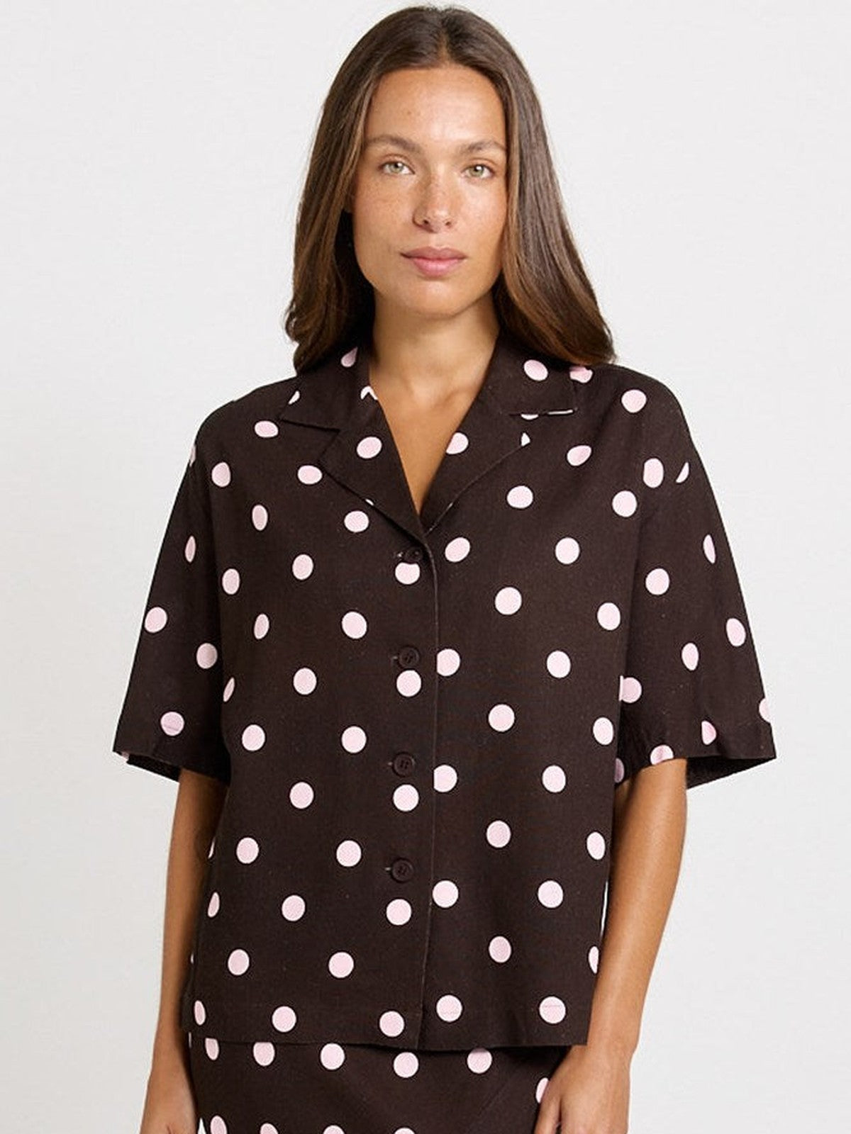 Betty Basics Sable Shirt, Pink/Choc Polka Dot